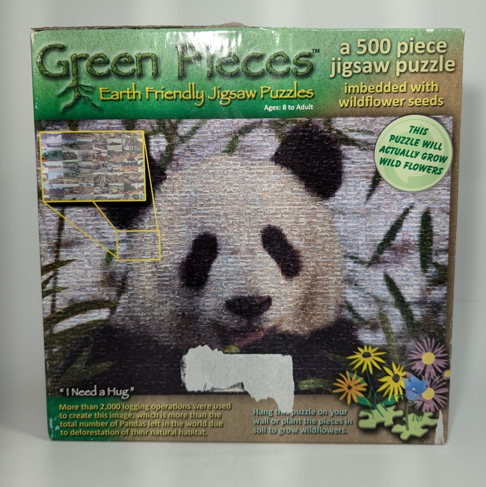 Green Pieces Earth Friendly Jigsaw Puzzle "I Need a Hug" Panda Complete 500